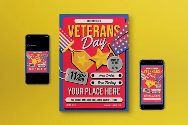 Red Flat Design Veterans Day Flyer Set