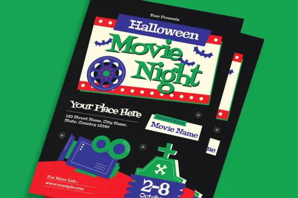 Black Mid Century Halloween Movie Night Flyer - Image 3